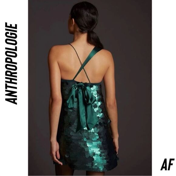 ANTHROPOLOGIE BY MAEVE ONE SHOULDER SEQUINED MINI DRESS EMERALD NEW LARGE - Picture 5 of 7